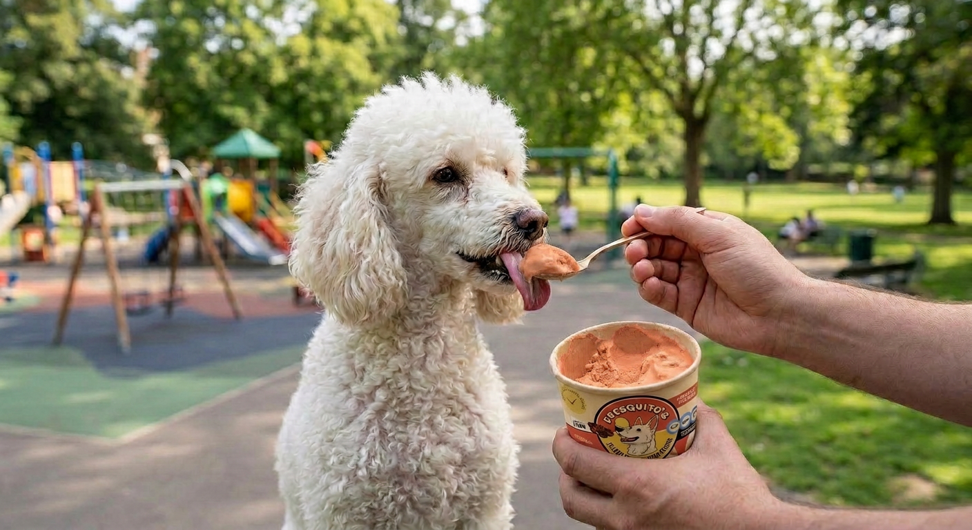 Caniche disfrutando un Fresquito's en el parque